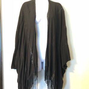 Black Fringe Eyelet Detail Open Front Kimono